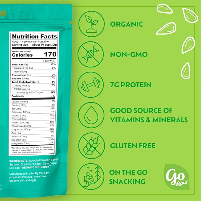Go Raw Organic Sprouted Sweet & Salty Kettle Snacking Seeds, 4 oz, 6 Pack, Pumpkin & Sunflower