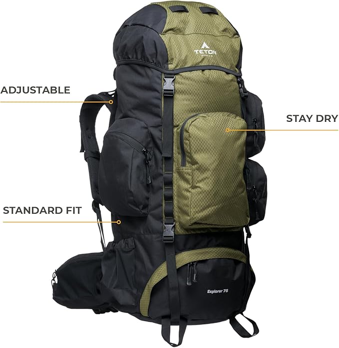 Teton 75L Explorer Internal Frame Backpack for Hiking, Camping, Backpacking, Rain Cover Included