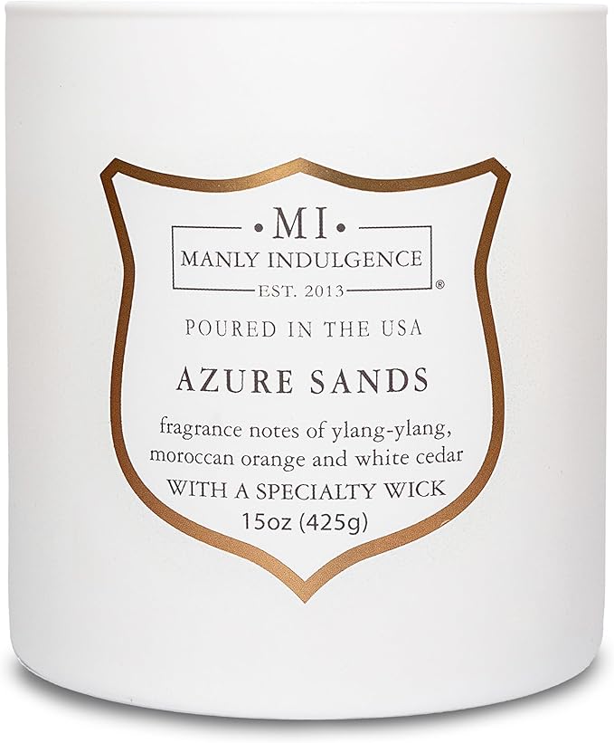Manly Indulgence Azure Sands Scented Candles for Men, 15 oz Wooden Wick, Premium Soy Blend Wax, 60H