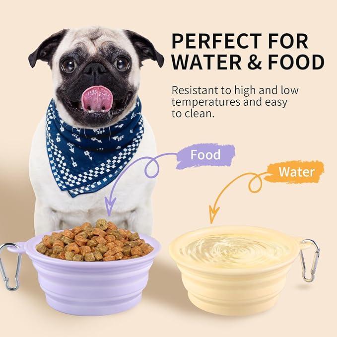 Collapsible Dog Bowls 2-Pack, Portable Travel Dog Bowl with Carabiner, Food-Grade Silicone Pet Bowl