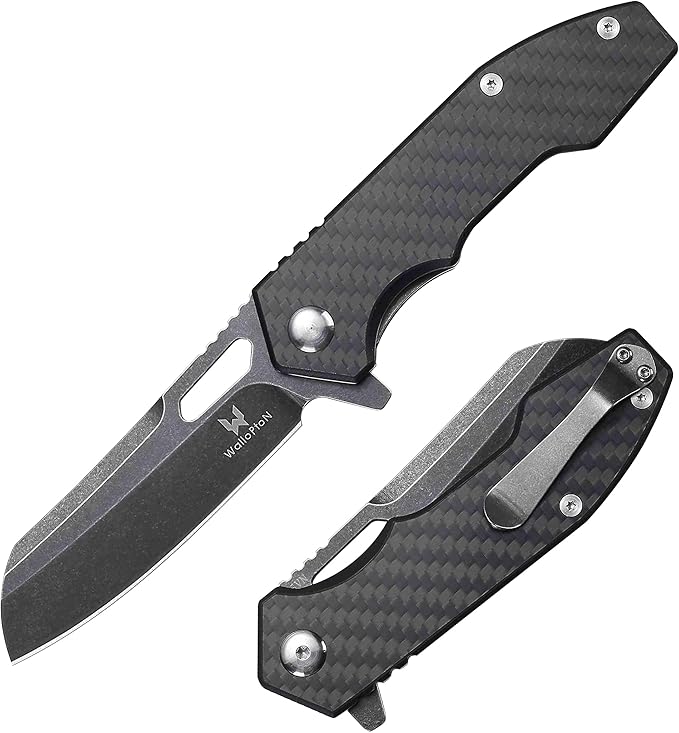 Folding Pocket Knife - 3.54'' CPM S35VN Black Steel Blade, Carbon Fiber Ergonomic Handle - Camping