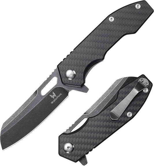 Folding Pocket Knife - 3.54'' CPM S35VN Black Steel Blade, Carbon Fiber Ergonomic Handle - Camping