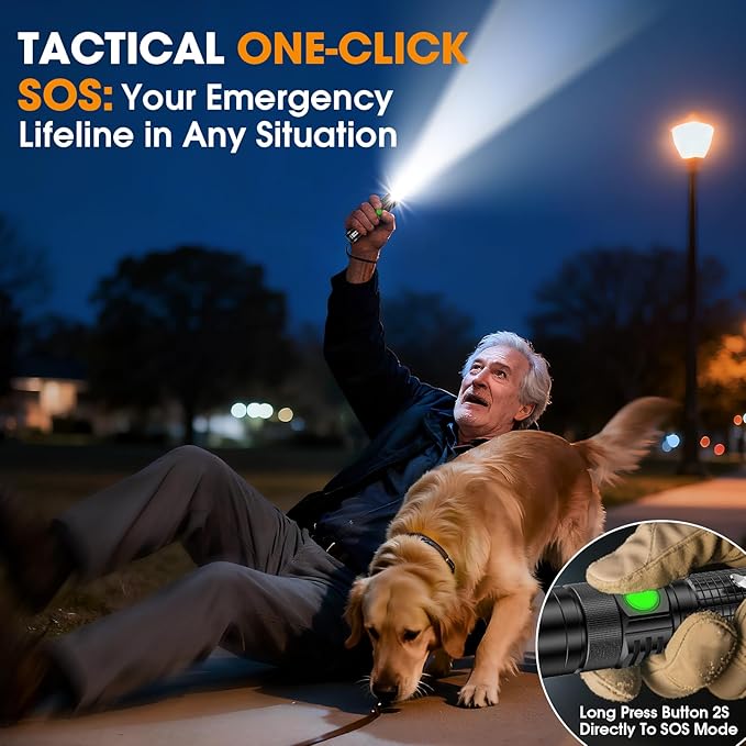 LED Tactical Flashlight Rechargeable - One Click SOS, Super Bright Small LED Flashlight 3Hr USB-C