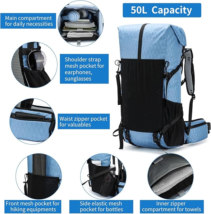 Hiking Backpack,40L to 50L Extra Large Capacity Hiking Bag,Internal Frame Camping Backpack,Upgraded