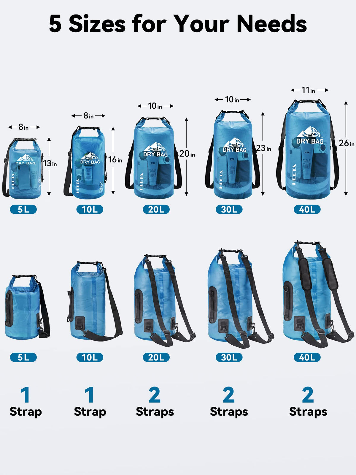 HEETA Dry Bag Waterproof Backpack with Phone Case (Transparent Blue, 5L)