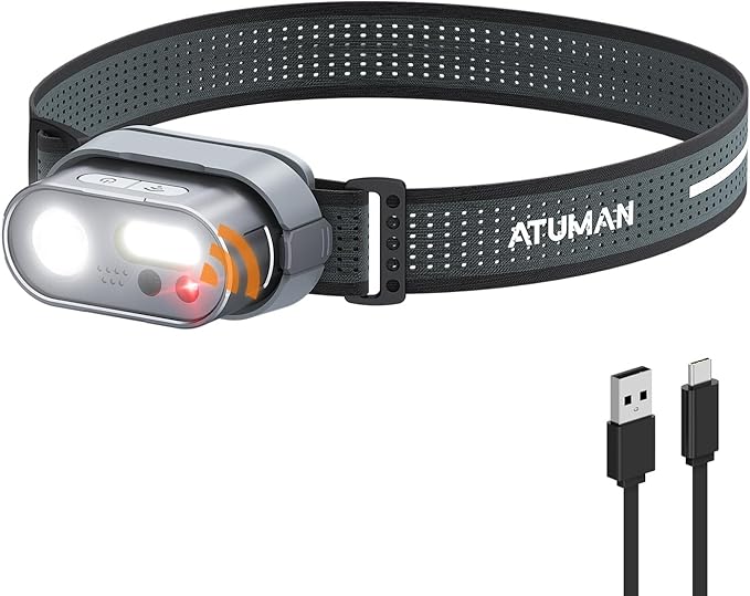 ATuMan MH1 Headlamp Rechargeable, Intelligent Multifunctional Headlight 1 Pack with Red Warning