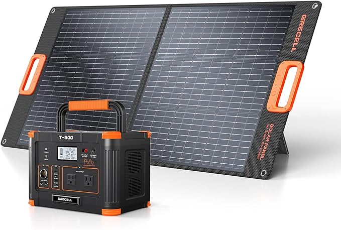 519Wh Outdoor Solar Generator with 100W Portable Solar Panel 20V, Portable Power Station 500W(Peak