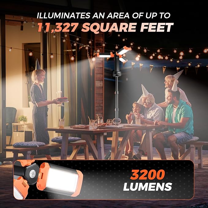 Portable Camping Light with Stand, 20000mAh Outdoor Work Light 800-3200 Lumen, 6.1ft Height with