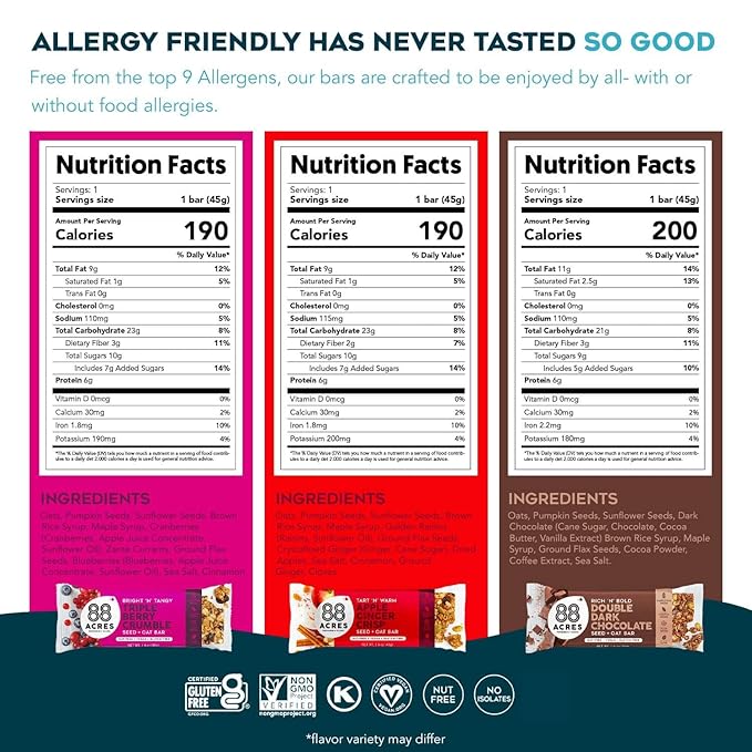 88 Acres Granola Bars | Variety | Gluten Free, Nut-Free Oat and Seed Snack Bar | Vegan & Non GMO |