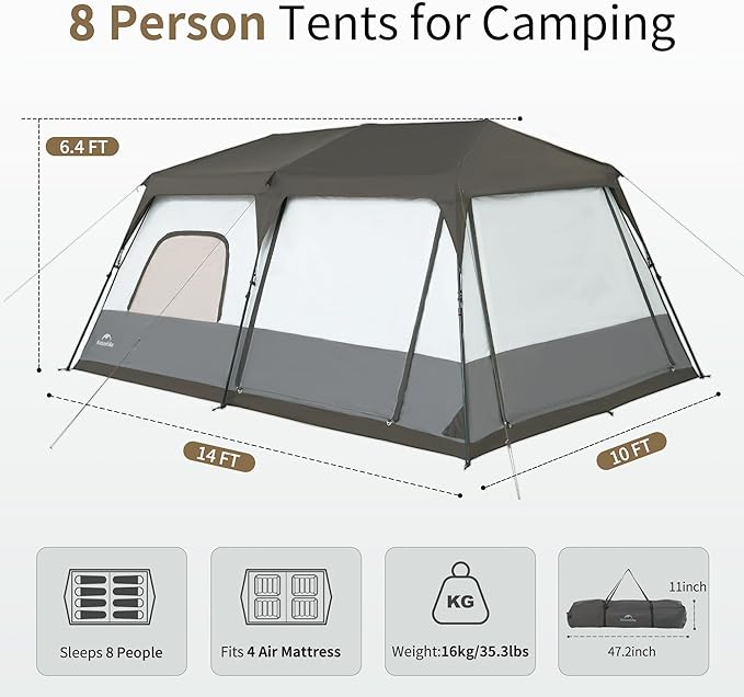 Naturehike Cape 4/6/8 Person Camping Tent, 60S Easy Setup Instant Tent Pop up Tent, Waterproof