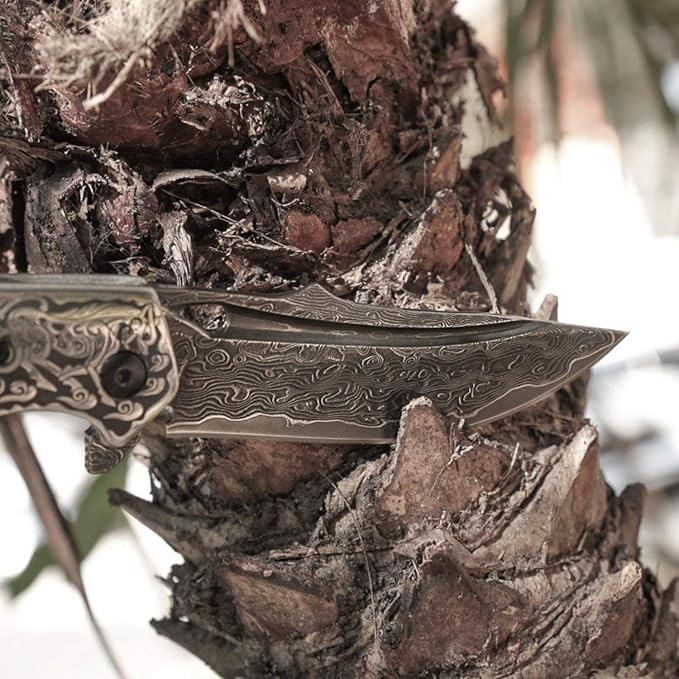 Handmade Japanese VG10 Damascus Steel Folding Knife,Rosewood Liner Lock Handle, Leather Sheath,EDC