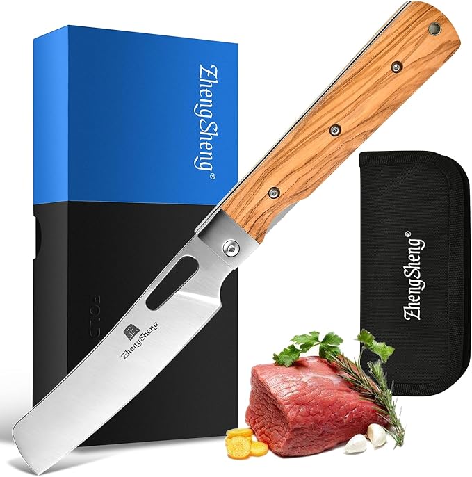Folding Chef Knife with Nylon Pouch 4.8” Ultra Sharp 440A Stainless Steel Blade Natural Olive