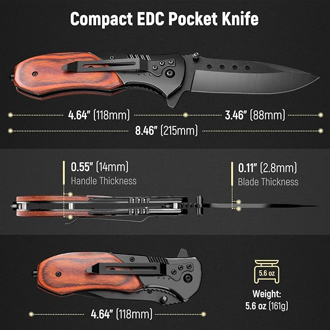 Pocket Knife for Men - 3.46" Sharp Blade Wood Handle Pocket Folding Knives with Clip, Glass Breaker