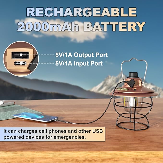 LED Camping Lantern Rechargeable Dimmable, Portable Vintage Outdoor Lantern 2700-6500K Waterproof