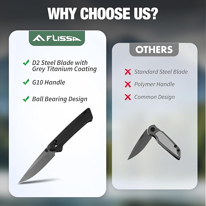 FLISSA Pocket Knife, Folding Knife with D2 Steel Blade, Shaft Lock, G10 Handle, Ball Bearing and