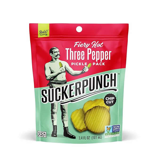 SuckerPunch Three Pepper Pickle Chips, Snack Pack, Gluten Free, Kosher, Sugar Free, Low Calorie
