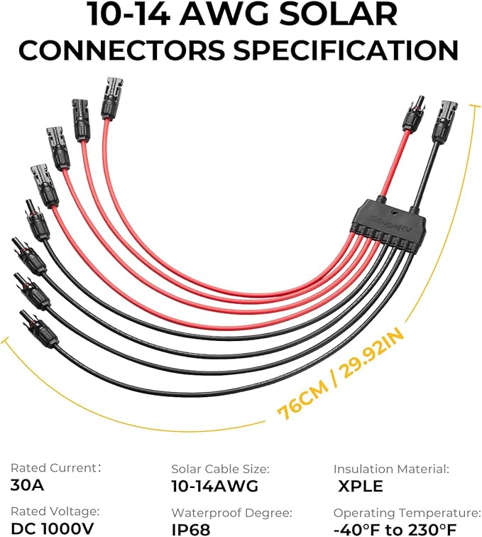 BougeRV Solar Parallel Connectors for 2-4 Solar Panels, Extra Long 2 to 8 Y Branch 10AWG Adapter