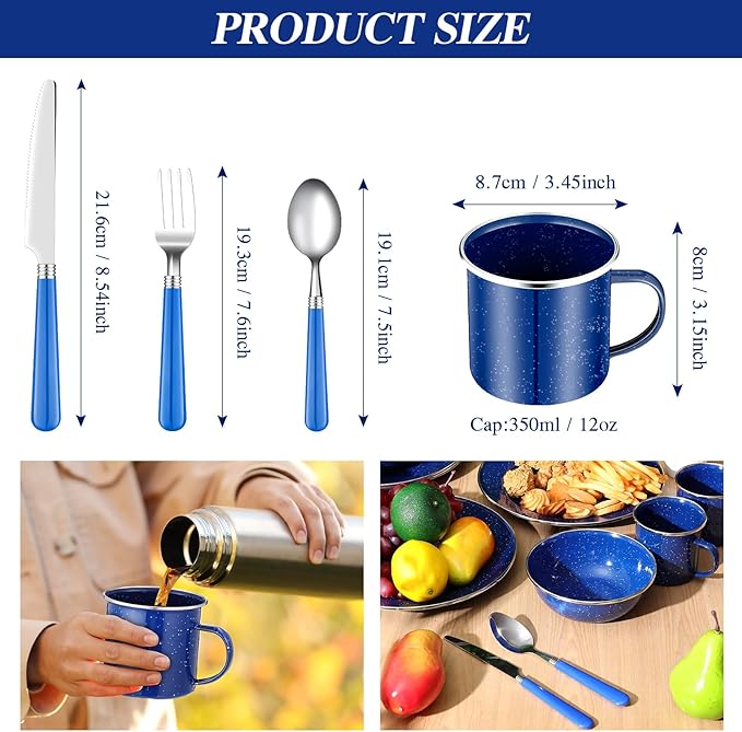 Nuogo 12 Pcs Enamel Camping Tableware Set Dinnerware Kit Includes 12 oz Coffee Mugs Camping Plates