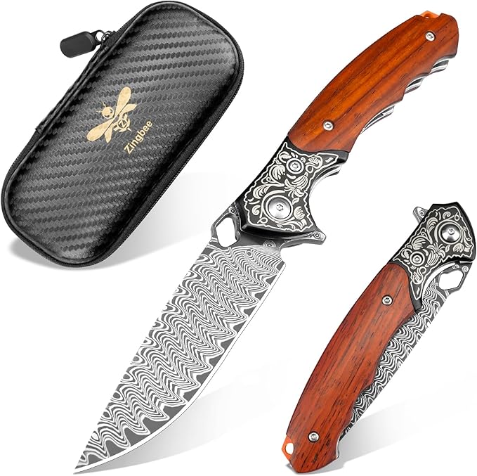 Damascus Folding Knife, 3.39" VG10 Core Damascus Steel Blade Pocket Knife for EDC, Wood Handle