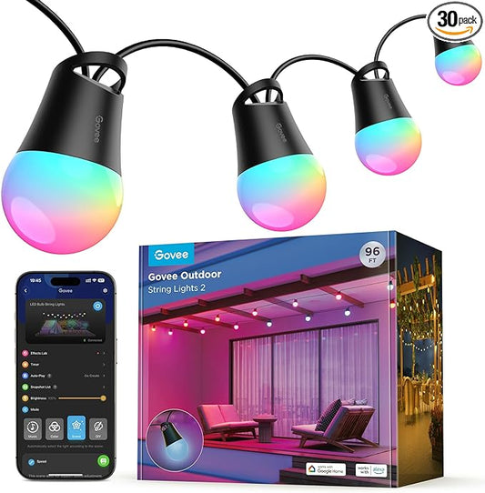 Govee Smart Outdoor String Lights 2, 96ft RGBIC Outdoor Lights with Dimmable Warm White LED Bulbs