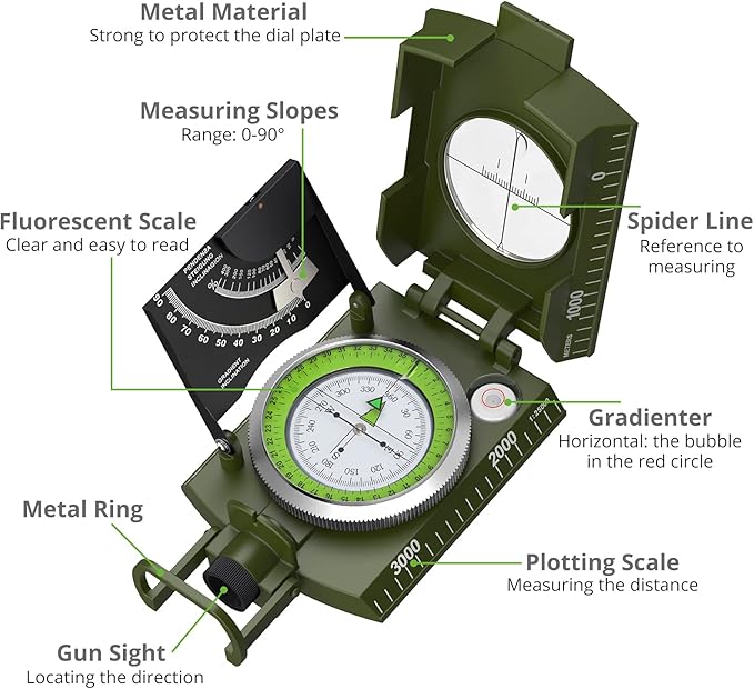 Proster IP65 Compass Hiking Survival - Lensatic Sighting Compass for Camping Navigation, Compass