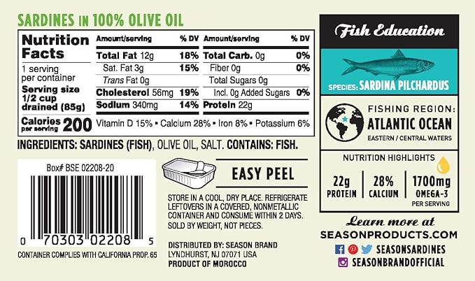 Season Sardines in Olive Oil - Wild Caught, 22g of Protein, Keto Snacks, More Omega 3's Than Tuna