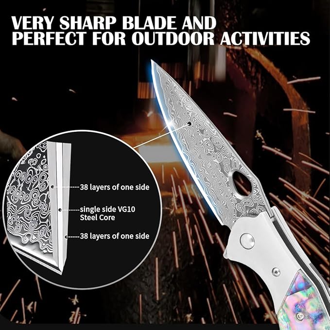 Cottonbell Damascus Pocket Knife Folding Knife for Men Women Unique Rainbow Abalone Shell Handle