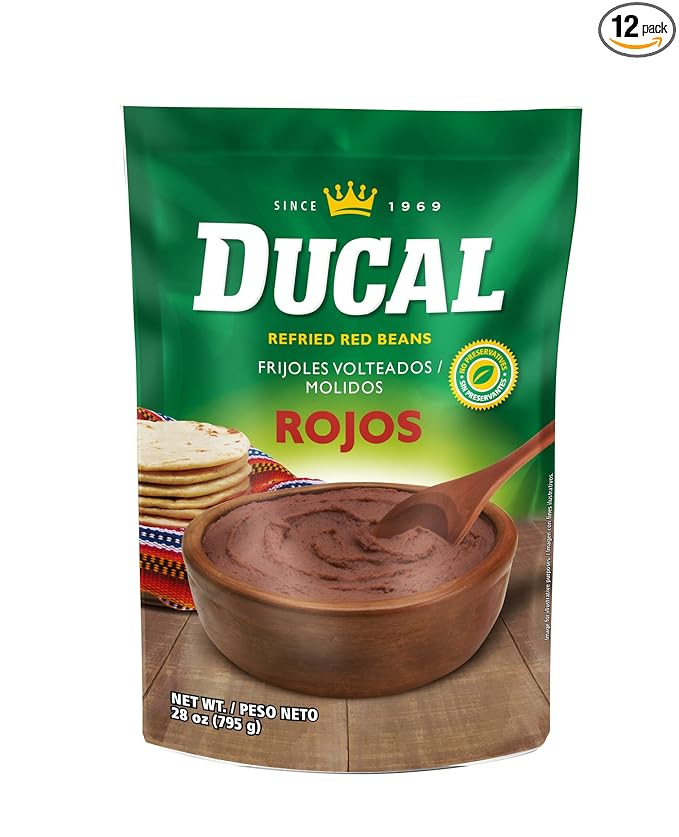 Ducal Refried Red Beans Pouch 28 Oz Pack of 12 - Microwaveable Goya Instant Red Refried Beans