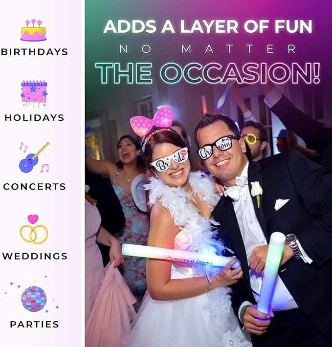 Foam Glow Sticks Bulk - 100 White Foam Light Up Sticks and LED Foam Sticks - 100 Reusable 16" Light