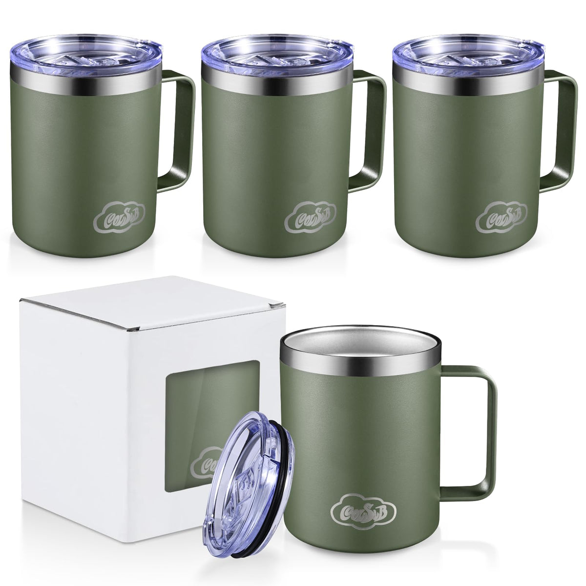 CoolSub 12oz Insulated Coffee Mug with Handle, Stainless Steel Wide Mouth Travel Tumblers with Lid