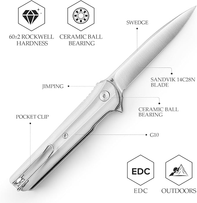 EDC Pocket Knife for Men,Folding Knives with Reversible Clip,Liner Lock 3.4'' Satin 14C28N Steel
