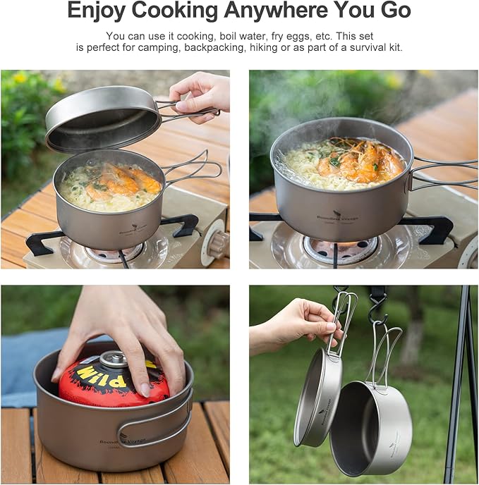 Boundless Voyage Outdoor Titanium Pot with Pan Set with Collapsible Folding Handle for Outdoor