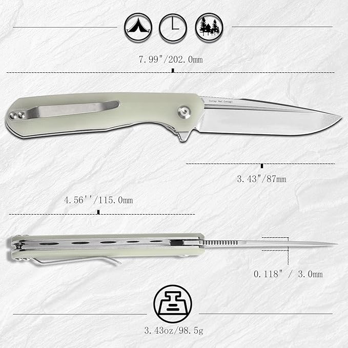 KANSEPT Qilin Pocket Knife, 3.24'' Stonewashed 154CM Sharp Blade, Jade G10 Handle for Edc, Flipper