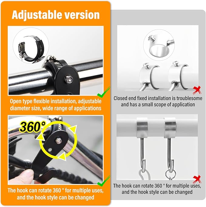 Tube Rod Hooks,Black Adjustable J-Hooks Made of Cold-Rolled Steel, for 0.71"-1.26" in (18-32mm)