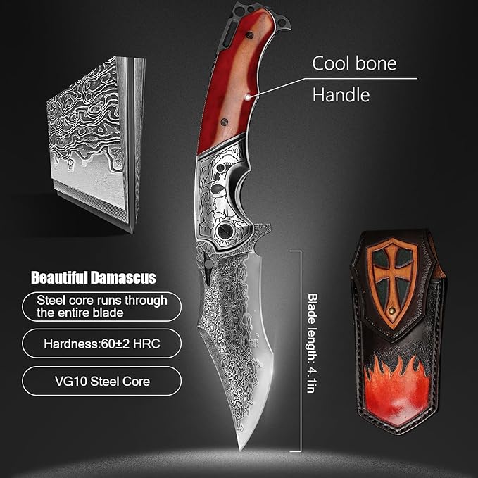 Damascus pocket knife clip leather sheath, VG10 core folding knife, portable EDC clip, outdoor