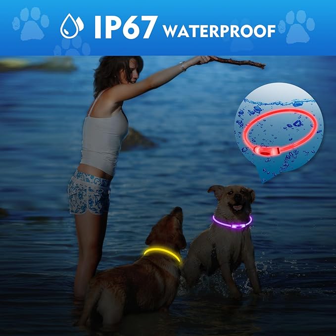 Lighted Dog Collar, Rechargeable 7 Colors Changing Light Up Dog Collar, IP67 Waterproof LED Collar