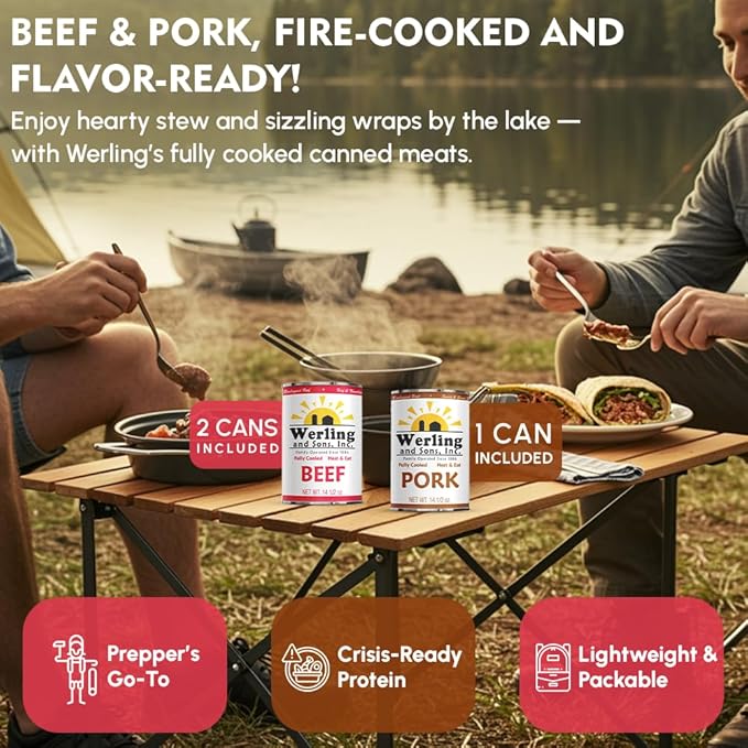 Werling & Sons Canned Meat Variety Pack 14.5 oz – Fully Cooked & Ready to Eat | 2 Beef, 2 Chicken