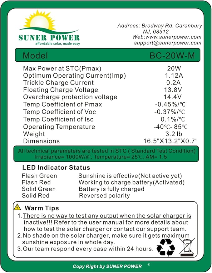 SUNER POWER 20W 12V Solar Battery Charger Maintainer, Built-in Smart MPPT Charge Controller