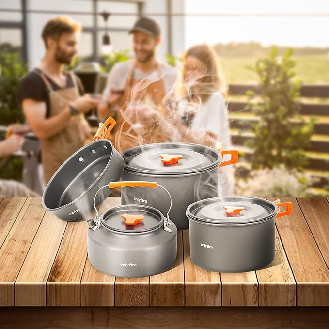 Onlyfire 15pcs Camping Cookware Mess Kit, Non-Stick Lightweight Pot Pan Kettle Set with Plates