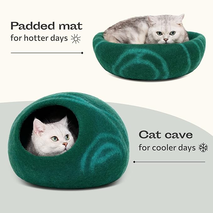 MEOWFIA Cat Cave ??Premium Felt Cat Bed for Indoor Cats, Handmade 100% Merino Wool (Large, Emerald)