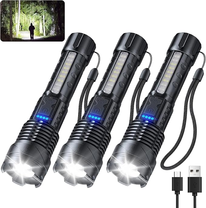 JIJ Flashlight 3 Pack, Rechargeable Flashlights High Lumens, 7 Modes LED Flashlight with IP67