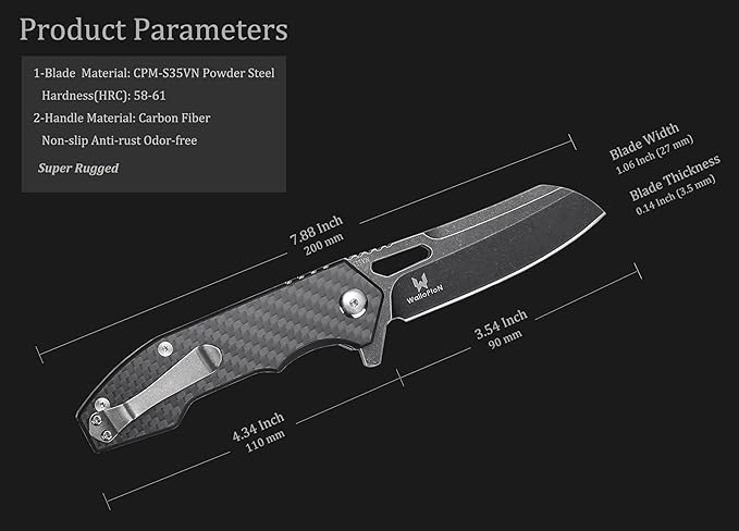 Folding Pocket Knife - 3.54'' CPM S35VN Black Steel Blade, Carbon Fiber Ergonomic Handle - Camping