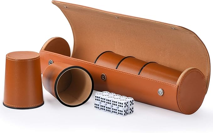 Leather Dice Cup Set, 5 Black Dice Cups + 25 Dices + Exclusive Storage and Transport Case Made of