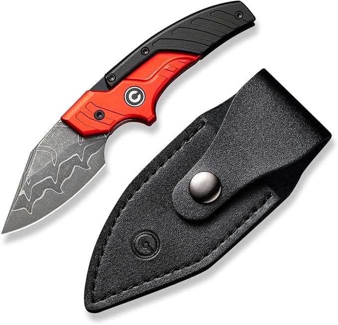 CIVIVI Typhoeus Fixed Blade Knife with Leather Sheath, 2.27" Damascus Blade Aluminum Handle