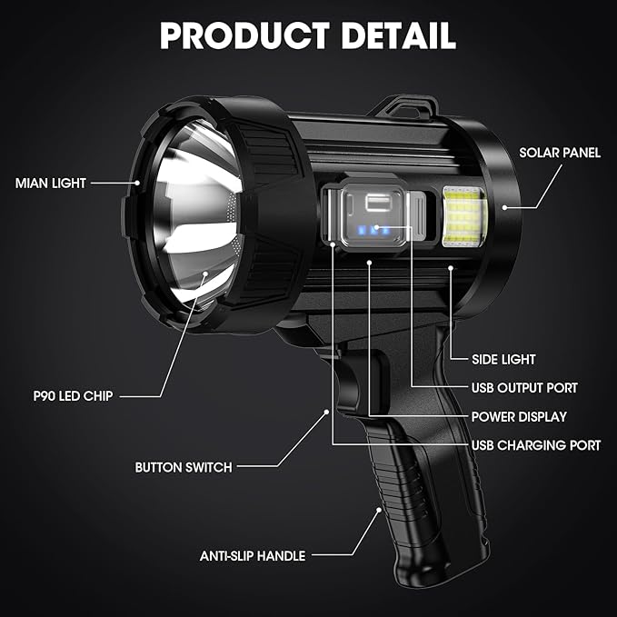 Rechargeable Spotlight, 99,000 Lumens Super Bright Handheld Led Flashlight, Outdoor Spot Light with