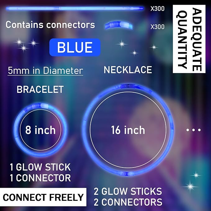 Hanaive 300 Pcs Glow Sticks Bulk 8 Inch Glow in The Dark Party Favors Neon Bracelets and Necklaces