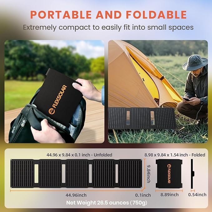 Upgraded FlexSolar 40W Portable Solar Panels Chargers with PD2.0 USB-C,QC3.0 USB-A and DC Outputs