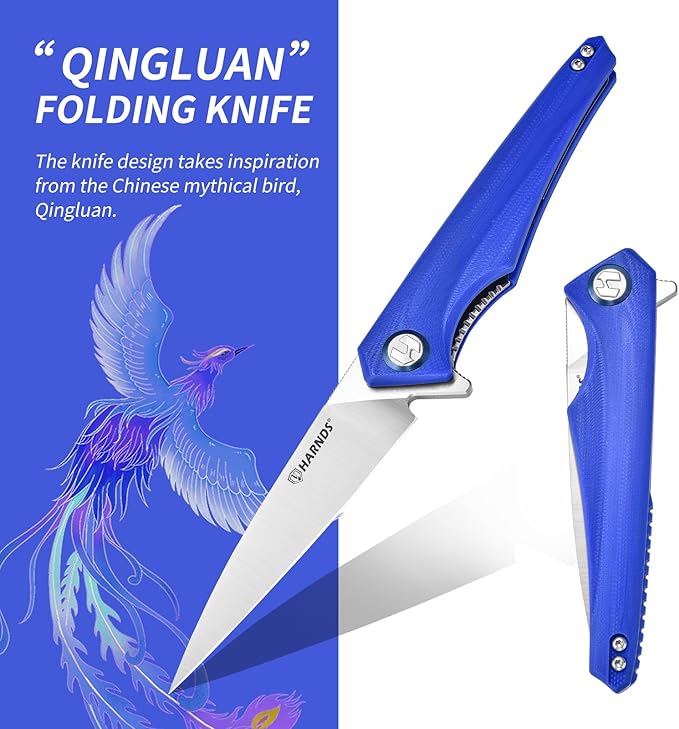 Qingluan Folding Knife with Pocket Clip, D2 Steel Blade 3.54'' and G10 Handle Outdoor Adventure