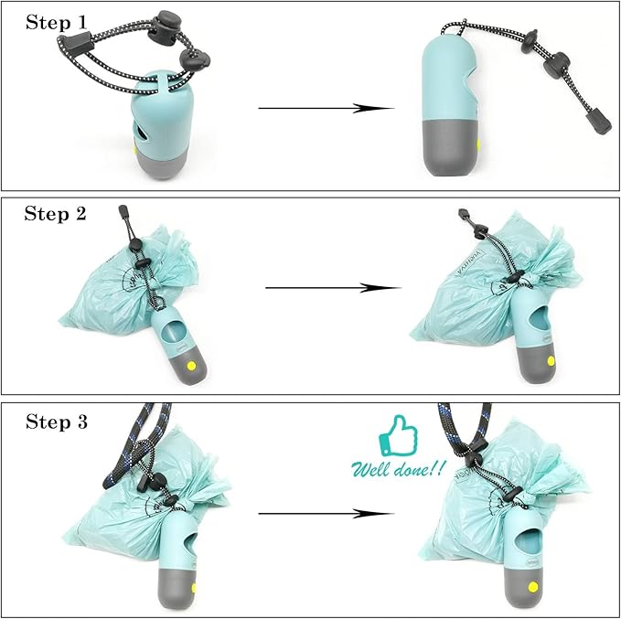 Dog Poop Bags Holder with LED Flashlight, 15 Crystal Blue Bags, 3 Accessories, 3 LR44 Batteries