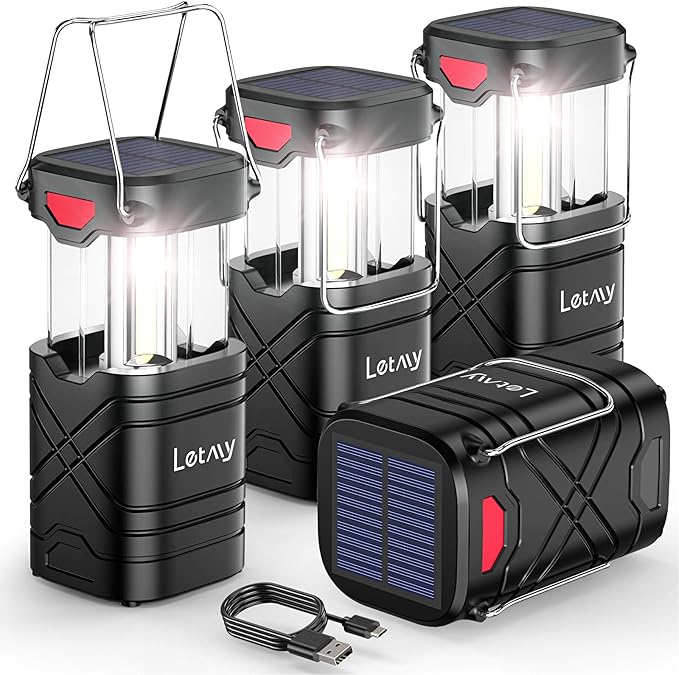 LETMY 4 Pack Camping Lantern, Rechargeable LED Lanterns, Solar Lantern Battery Powered Hurricane